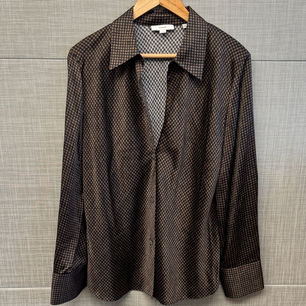 Vince Brown and Black Geometric Print Button-Up Blouse